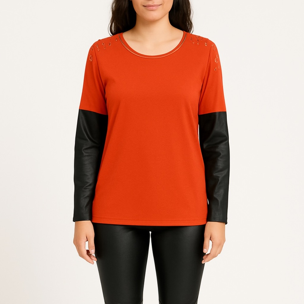 Stretchy Red sweater w/ Gold Accents w/ Black Faux Leather
